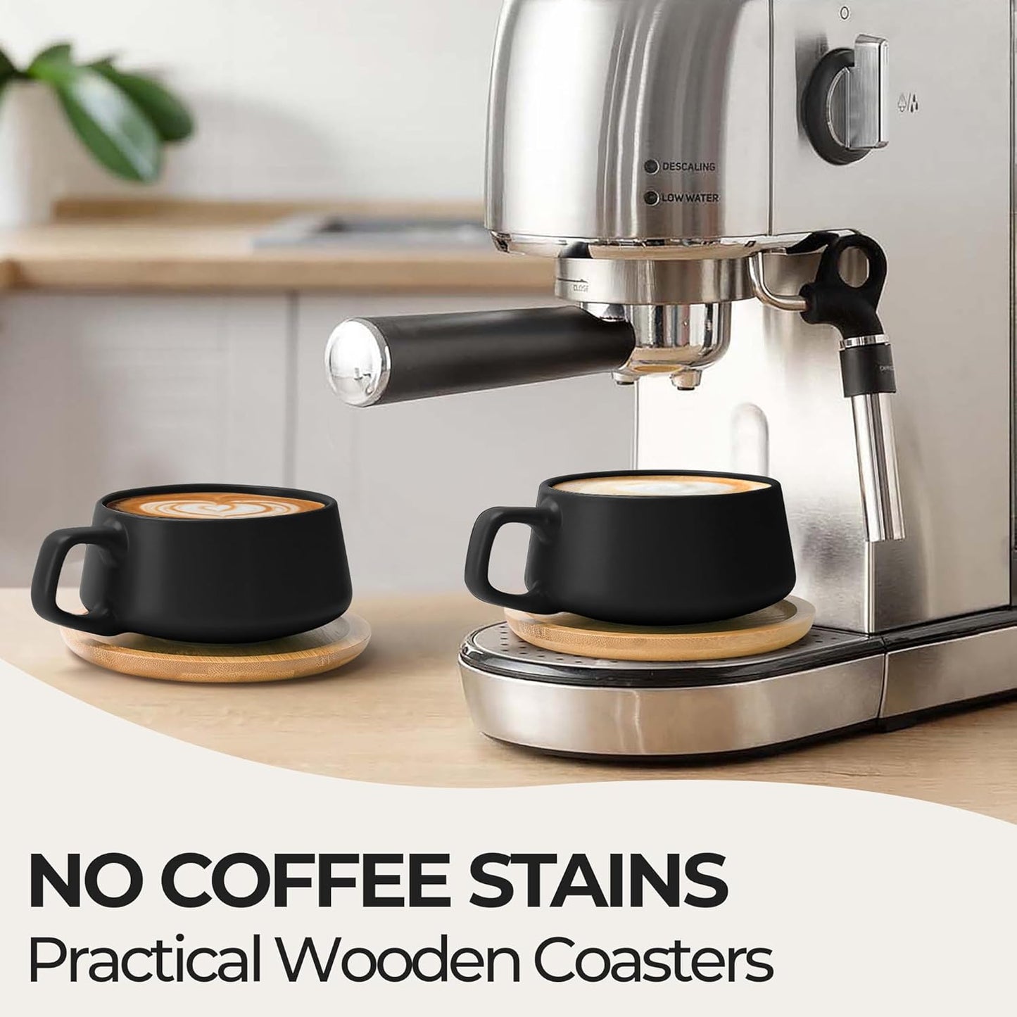 MIAMIO – 11 Oz., Set of 4 Ceramic Tea Cup and Saucer Bamboo/Tea Mug - Wide Cappuccino Cup, Coffee Cups Ceramic Mug for Cappuccino, Latte, Espresso & Americano - Luxe Collection (Black)