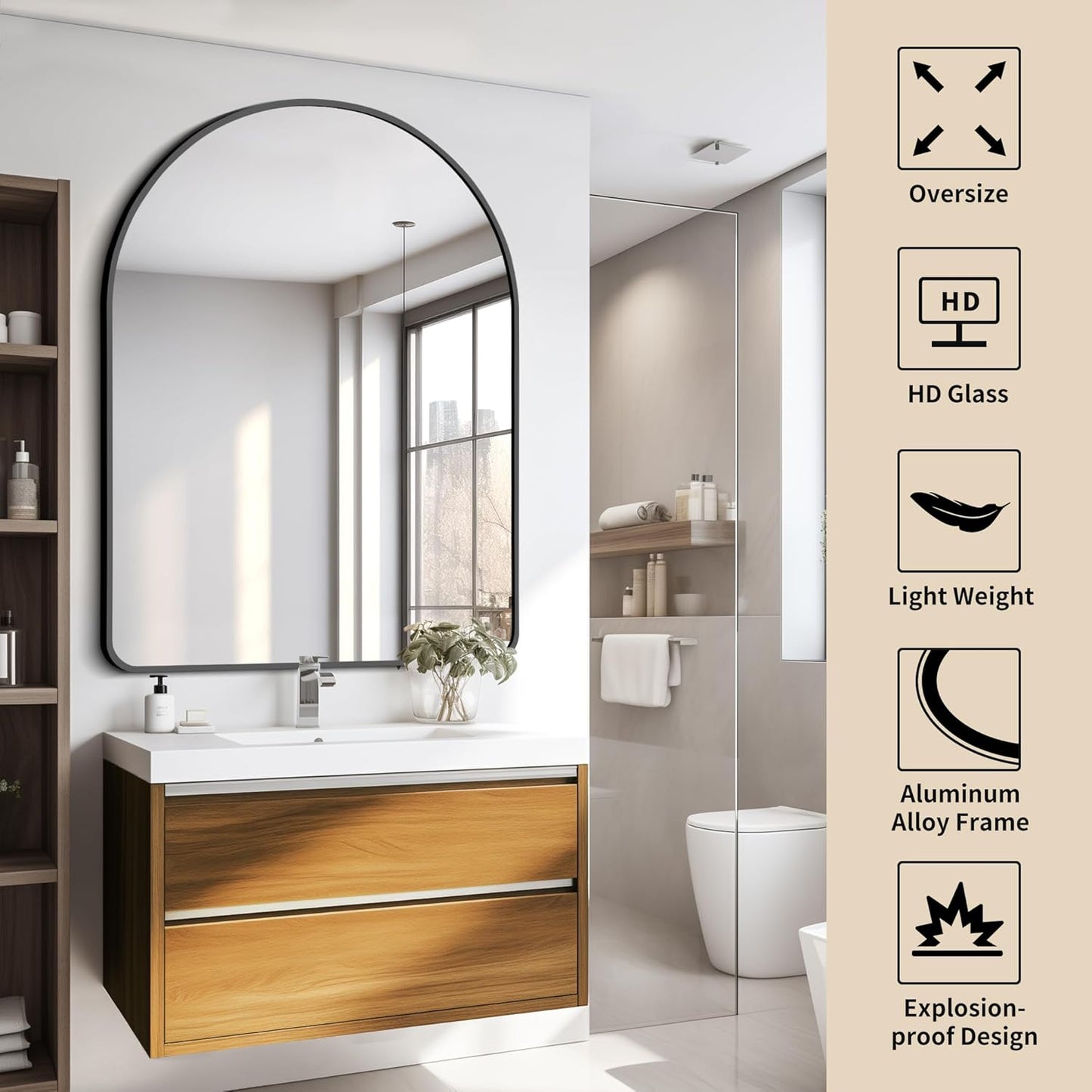 FORBATH Arched Mirror 36x48 Inch, Bathroom Mirror Wall Mounted Modern Black Aluminum Alloy Frame Decor Large Dresser, for Bedroom Living Room Entryway, Hanging or Leaning Against Wall