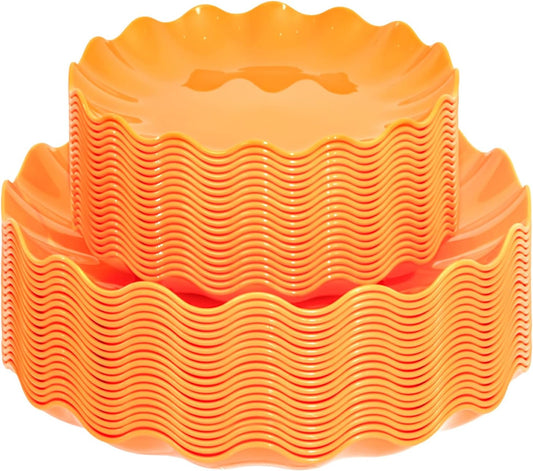 LIYH 50 Pcs Heavy Duty Thanksgiving Plates Orange Scalloped Plastic Plates Reusable Unbreakable Halloween Plastic Plate for Thanksgiving & Halloween Day, Dishwasher Safe BPA Free (25Guests)