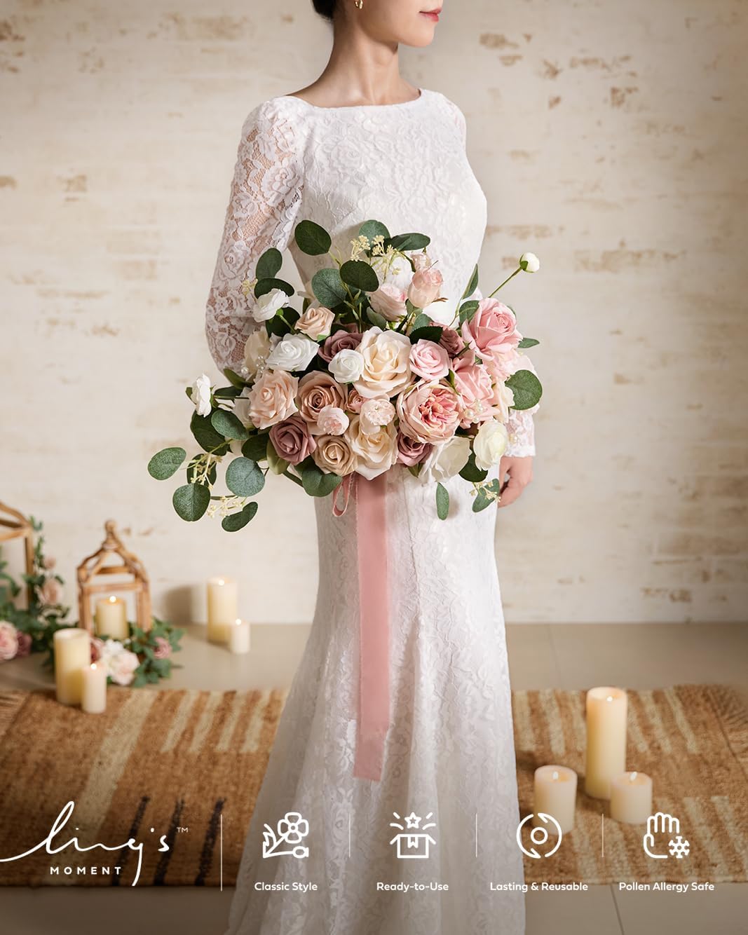 Ling's moment Pink Wedding Bouquets for Bride, Dusty Rose Bridal Bouquets for Bride, 15 Inch Free Form Artificial Wedding Flowers Bouquets