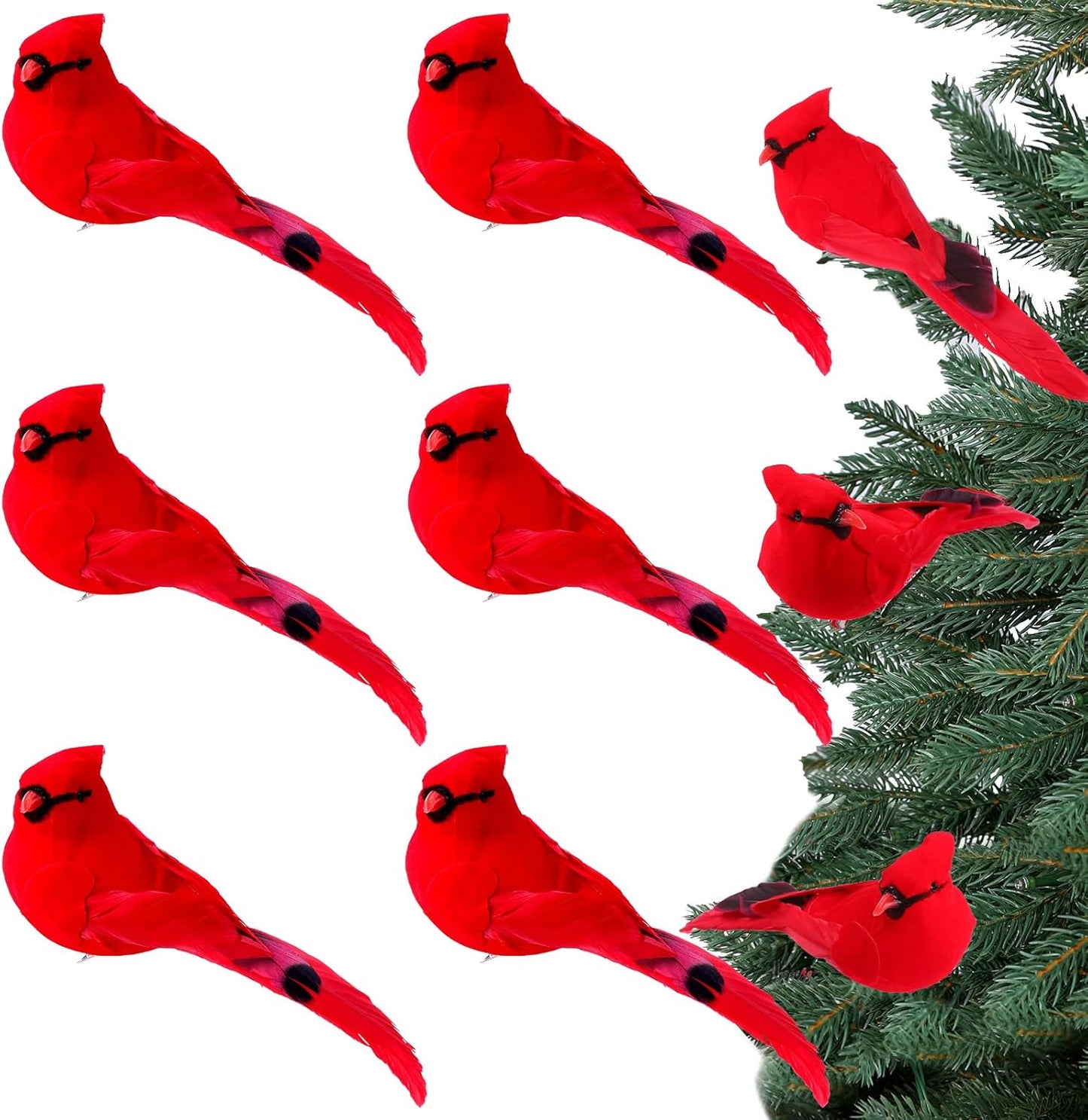 JOICEE 6 Pcs Cardinal Red Birds for Crafts, Artificial Cardinal Clip On Christmas Tree Ornaments Red Feather Faux Birds Cardinals Decorations for Xmas Tree Wreath Yard Patio Home Decor