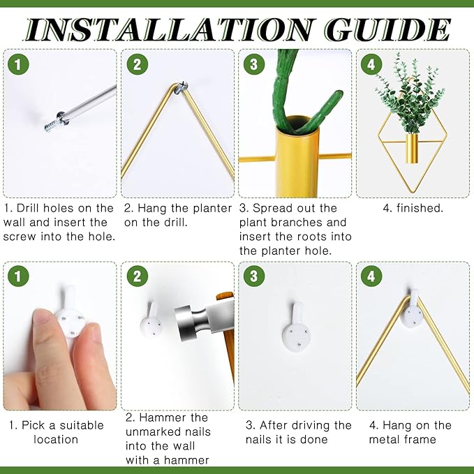 2 Pieces Gold Wall Decor Hanging Planters with Artificial Plants Metal Vase Indoor Plants Holder Modern Geometric Wall Art for Home Bathroom Bedroom Living Room Office(Eucalyptus,Medium)