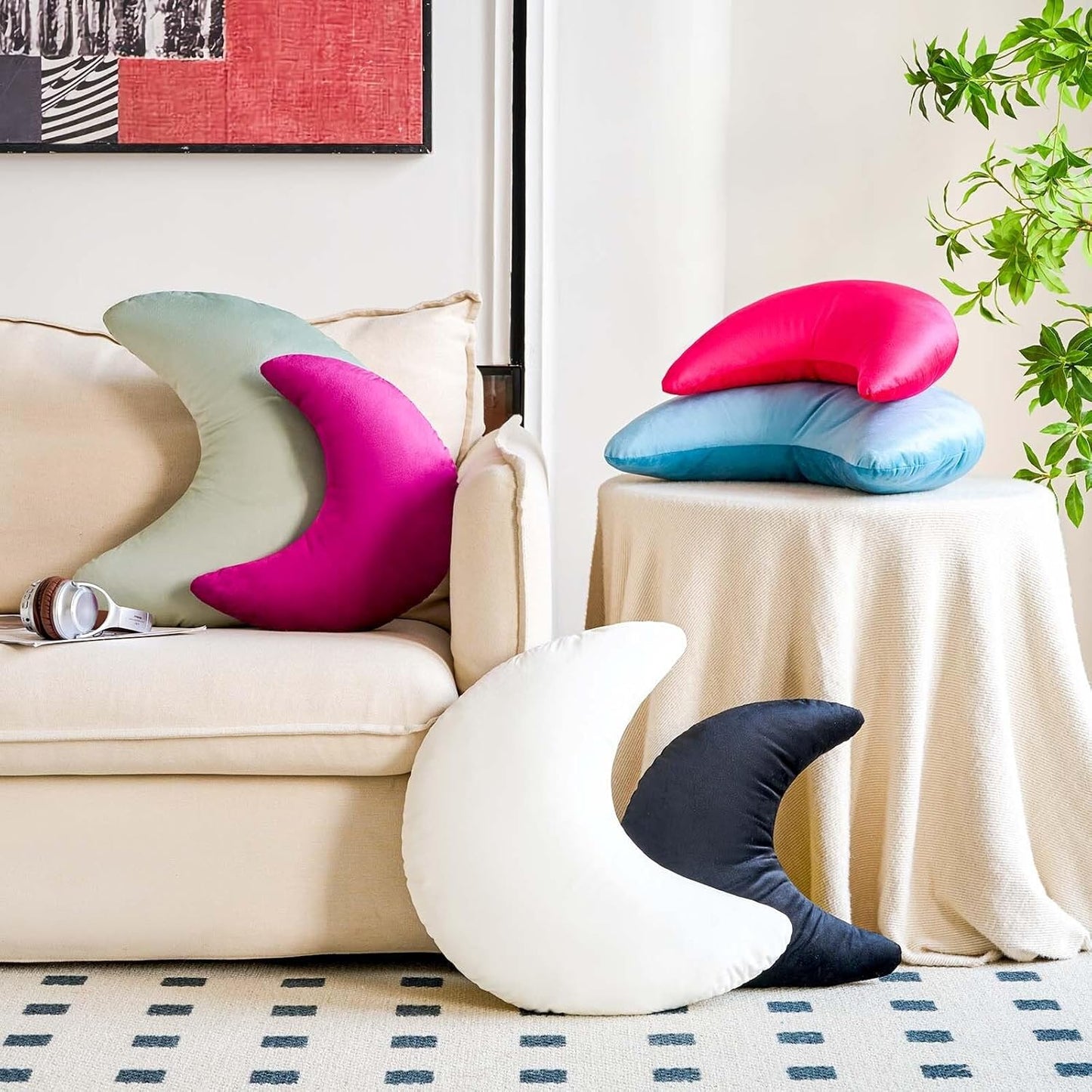 Hot Pink Moon Pillow, 19.6" Cute Soft Velvet Half Moon Shape Plush Decorative Throw Pillows Cushions Room Decor for Couch Bedroom Living Room