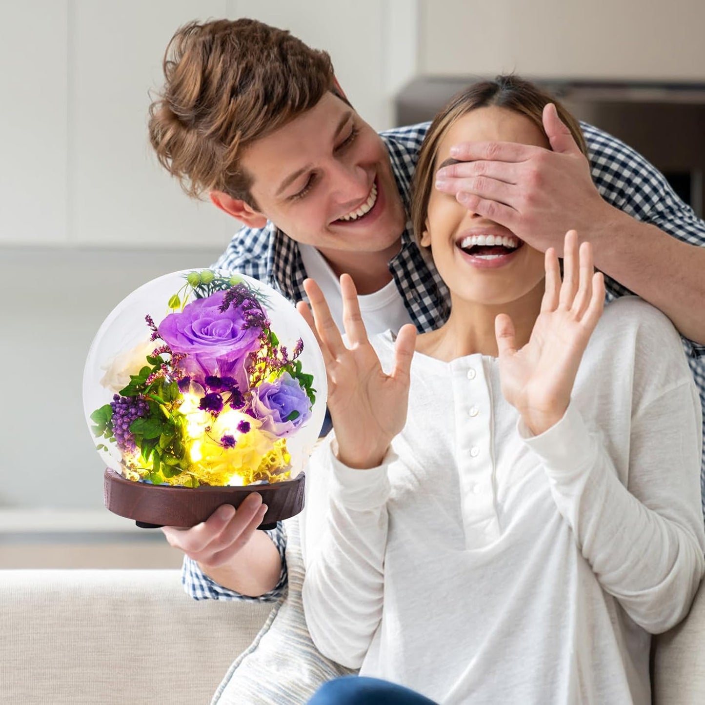 Long Lasting Real Flowers, Birthday Present for Women，Preserved Rose Flowers with Hydrangea and LED Light,Unique Floral Present for Various Festivals, Various Occasions, Home Decoration（Purple Rose）