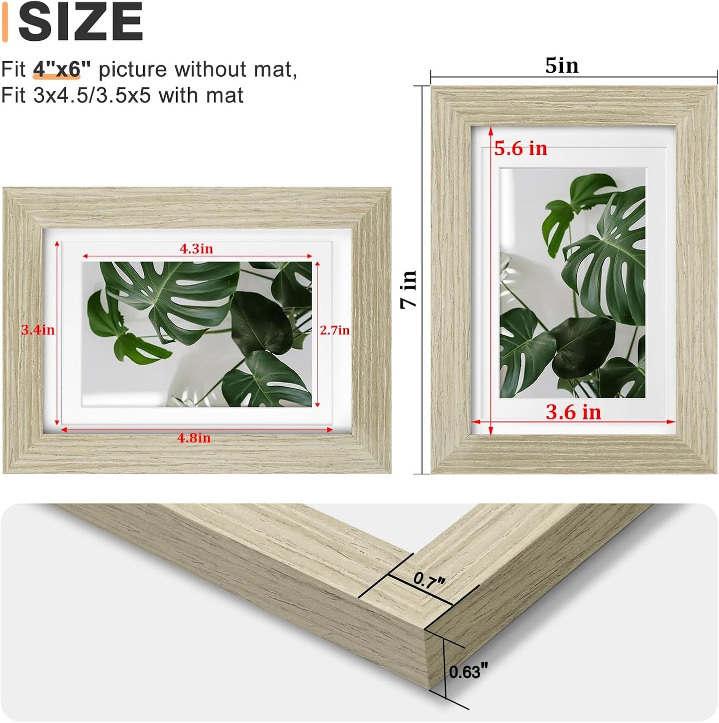 Egofine 4x6 Picture Frames Set of 4, Made of Solid Wood Covered by Plexiglass 3.5x5 with Mat or 4x6 without Mat, for Table Top Display and Wall Mounting Photo Frame Distressed Wood Grain