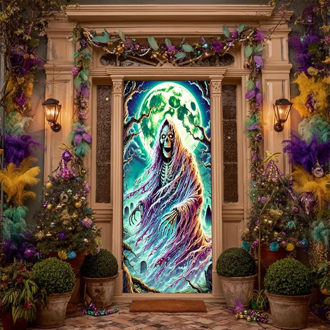 2D flat Ghost in Forest Door Cover Banner – Halloween Spirit Scary Door Decorations – Haunted Holiday Entryway Decor for Home 71x35 Inch