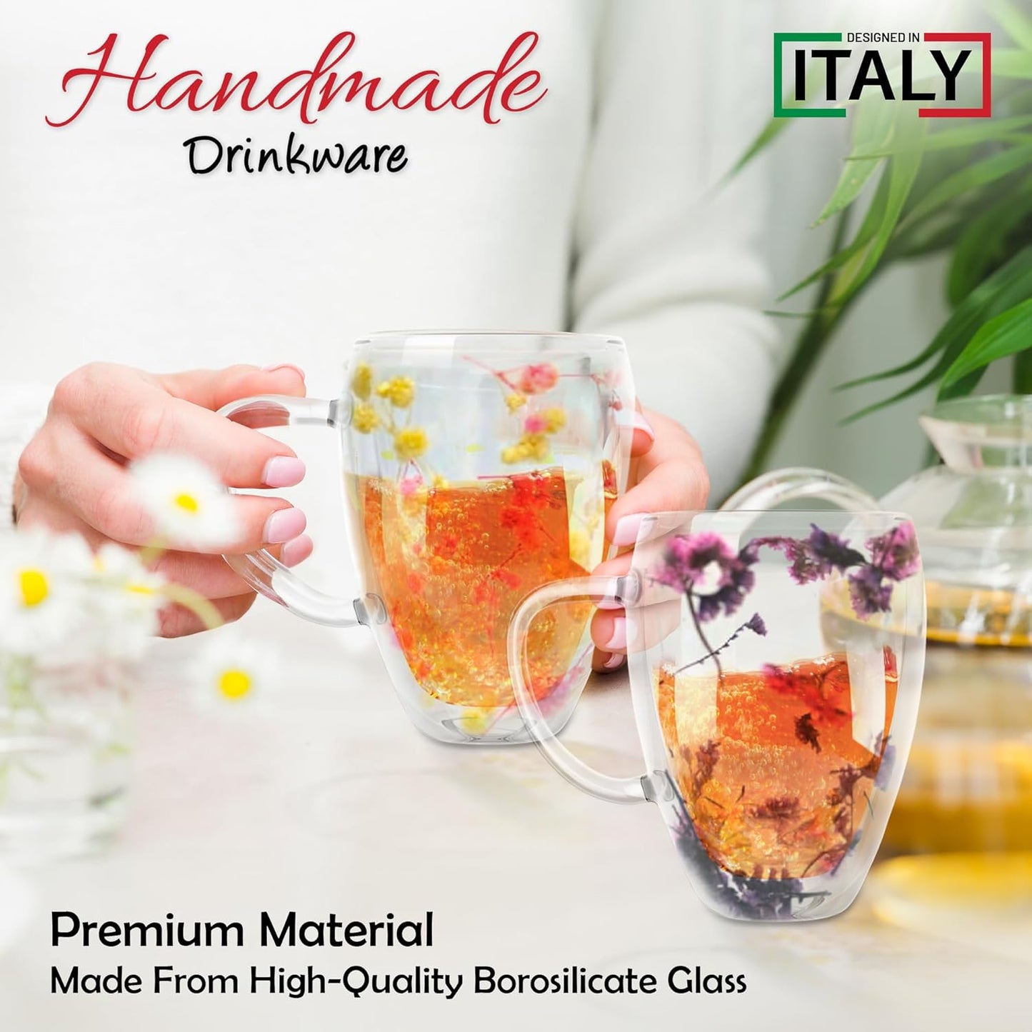 Gusto Buono 11oz Borosilicate Double Glass Mug, 2x Pink White and 2x Purple Dried Flowers, Set of 4, Designed in Italy