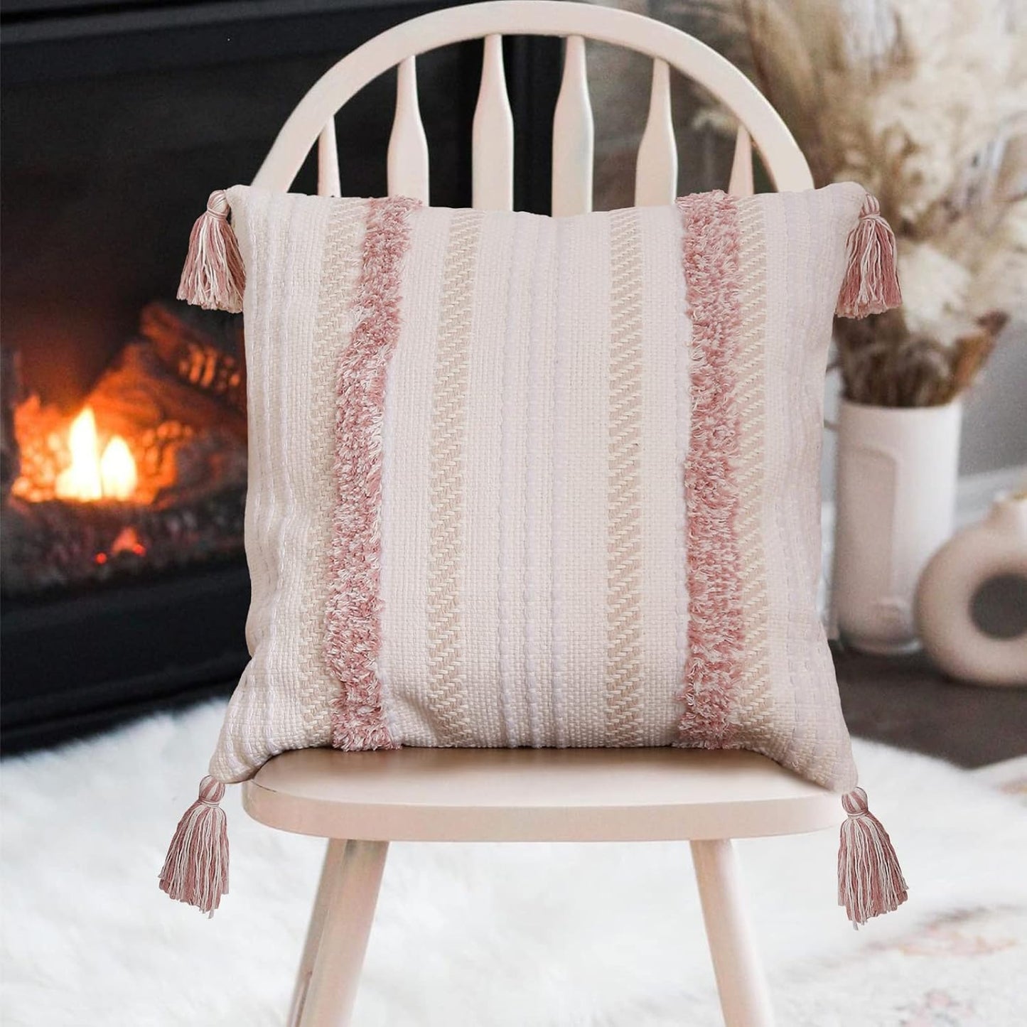 blue page Boho Throw Pillow Covers Square Neutral Tufted Decorative Pillows Cover for Couch Bed, 22x22 Pillow Cover Modern Accent Woven Large Farmhouse Pillow Case, Pink