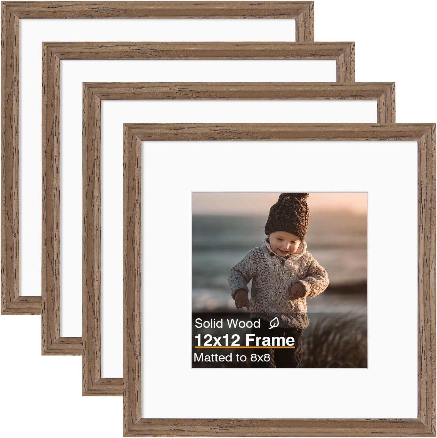 KINLINK 12x12 Picture Frame, Brown Square Solid Wood Frames for Pictures 8x8 with Mat or 12x12 without Mat, Wall Display Photo Frames Brown Wood 4 Pack