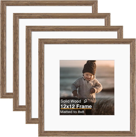 KINLINK 12x12 Picture Frame, Brown Square Solid Wood Frames for Pictures 8x8 with Mat or 12x12 without Mat, Wall Display Photo Frames Brown Wood 4 Pack