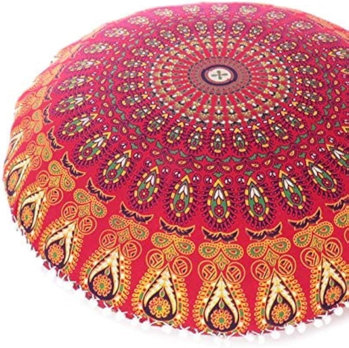 Eyes of India - Mandala Floor Pillow Cover Meditation Cushion Seating Throw Hippie Round Colorful Decorative Bohemian Indian Pouf Ottoman Handmade Cover ONLY (A1 Red, 32" x 32")