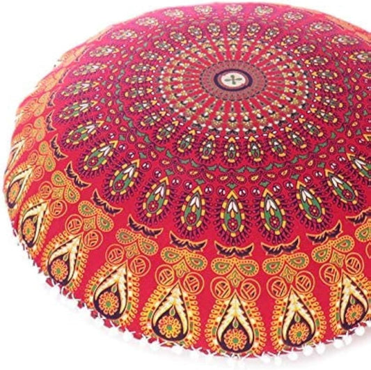 Eyes of India - Mandala Floor Pillow Cover Meditation Cushion Seating Throw Hippie Round Colorful Decorative Bohemian Indian Pouf Ottoman Handmade Cover ONLY (A1 Red, 32" x 32")