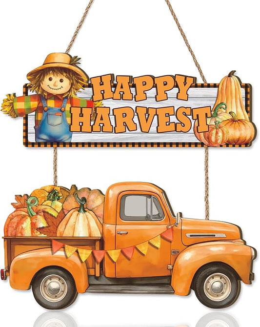 Happy Harvest Door Sign,Happy Thanksgiving Wooden Sign,Fall Truck Decor,Autumn Harvest Wall Plaque,Scarecrow Wall Hanging Sign,Pumpkin Front Door Hanger for Farmhouse Home Indoor Outdoor Yard