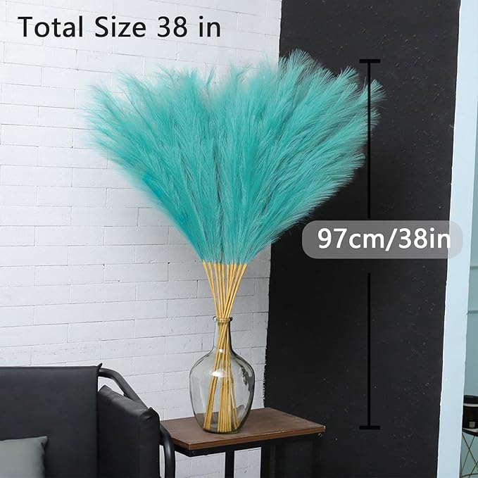 38" 10 Stems Faux Pampas Grass Decor - Tall Pampas Grass for Floor Vase Fluffy Artificial Pampas Grass for Boho Home Wedding Mothers Day Decoration（Lake Blue）