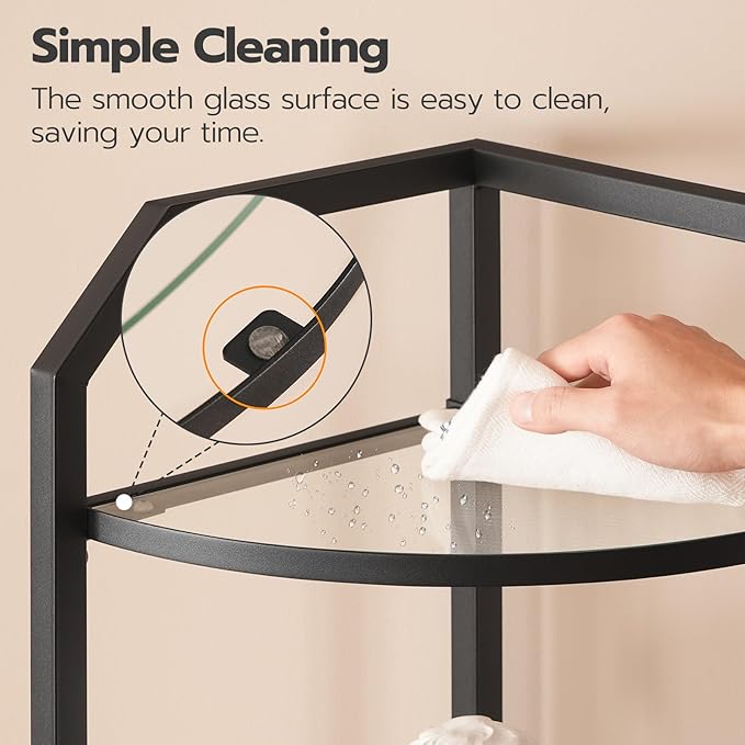 HOOBRO 5-Tier Corner Shelf Stand, Black Corner Bookshelf, Tempered Glass Shelves, Bathroom Organizer, Corner Plant Stand, for Living Room, Study, Balcony, Home Office, Modern Style, Black BK15CJ01