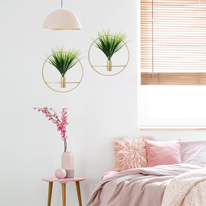 SAJANDAS Set of 2 Artificial Plants with Gold Metal Round Hanging Hoop for Wall Decor, Wall-Mounted Green Fake Plants in Metal Hoop for Modern Home Decor, Gold Wall Decor for Bedroom, Living Room