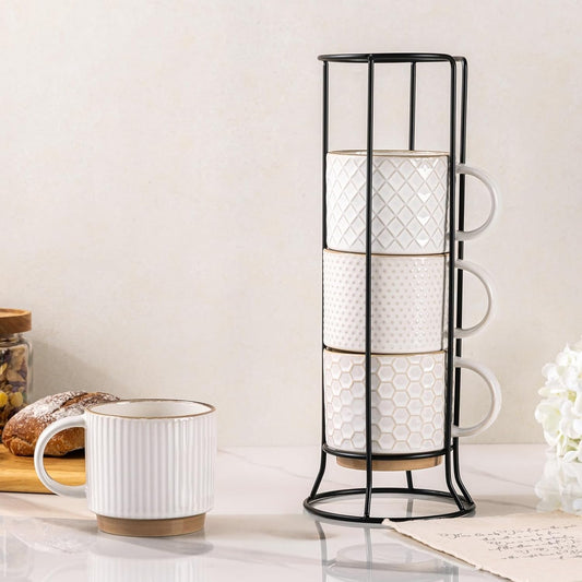 GBHOME 12OZ Stackable Coffee Mugs with Stand, Ceramic Coffee Mugs with Texture Patterns for Man,Woman,Dad,Mom, Modern Coffee Cups Set of 4 for Latte/Cappuccino/Cocoa. Dishwasher&Microwave Safe