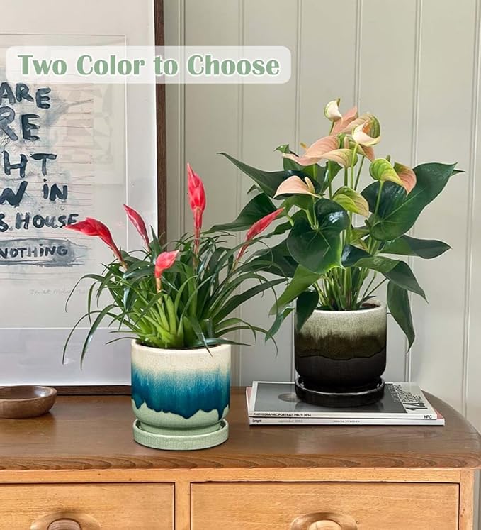 Oairse Ceramic Pot for Plants 5.5 inch Pots for Plants Small Planter Pot with Drainage Hole and Saucers Gradient Dark Teal Outdoor Inoor Flower Pots for Succulent, Cactus, Snake Plant, Herb