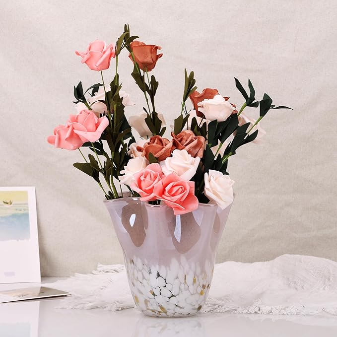 DOVDOV Hand Blown Pink Glass vase, Wave Wide Mouth vase Decoration, Unique Glass vase for Dining Room Table Centerpiece, Living Room TV Stand Decoration, Room Decoration and Office Decoration Flowers