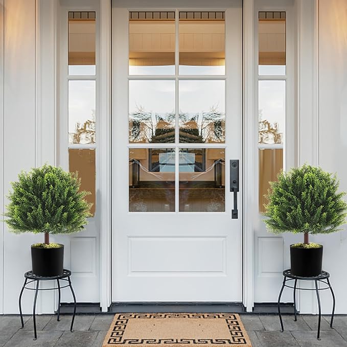 24" Artificial Plants Topiary Cedar Tree Indoor, Set of 2 Faux Plants Outdoor UV Resistant Fake Shrubs for Front Porch Garden Decor with Ground Spike