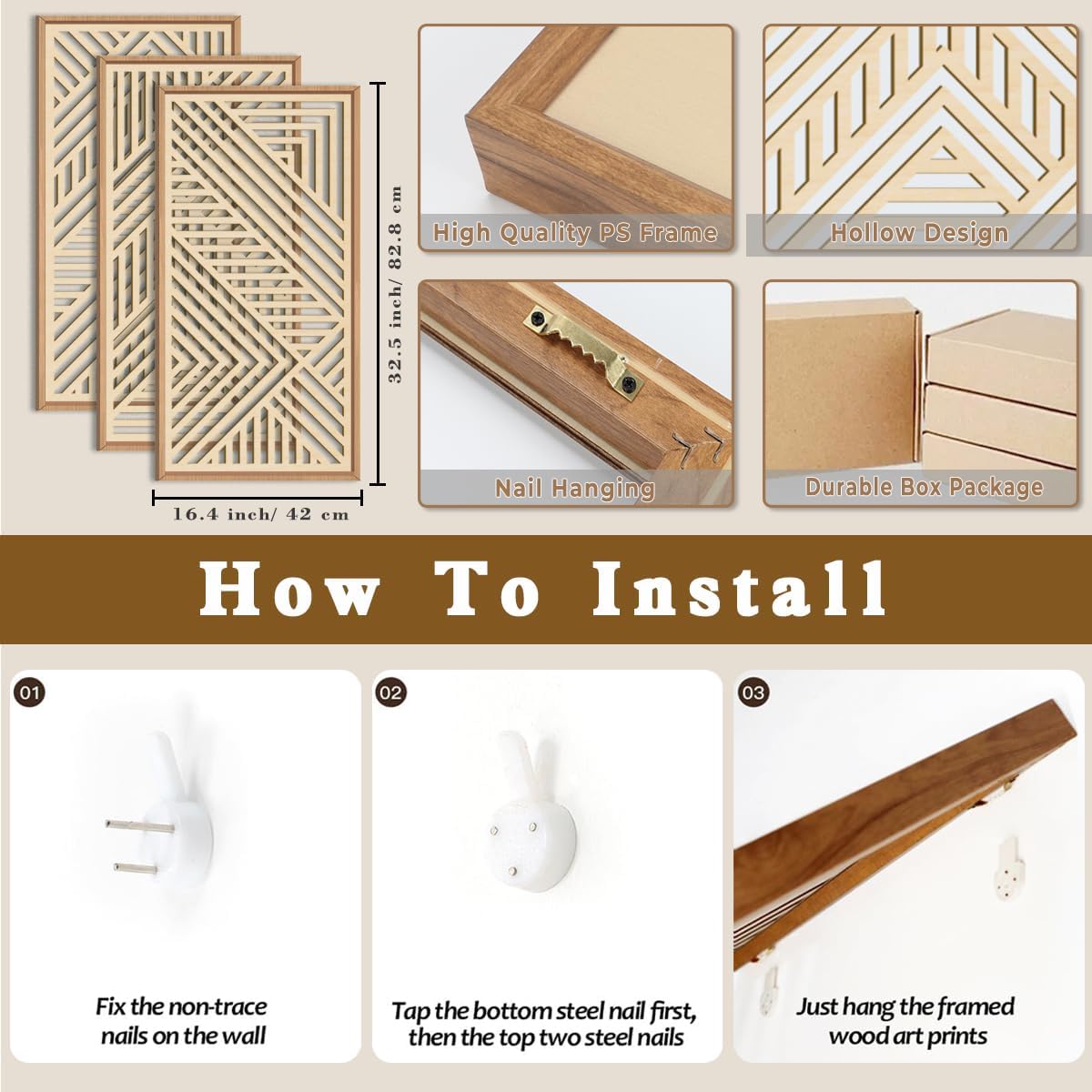 IARTTOP Large Boho Wooden Wall Art 16x32 Inch Framed Mid century Modern Wood Wall Decor Minimalist Modern Bohemian Decor for Dining Room Living Room Bedroom Set of 3