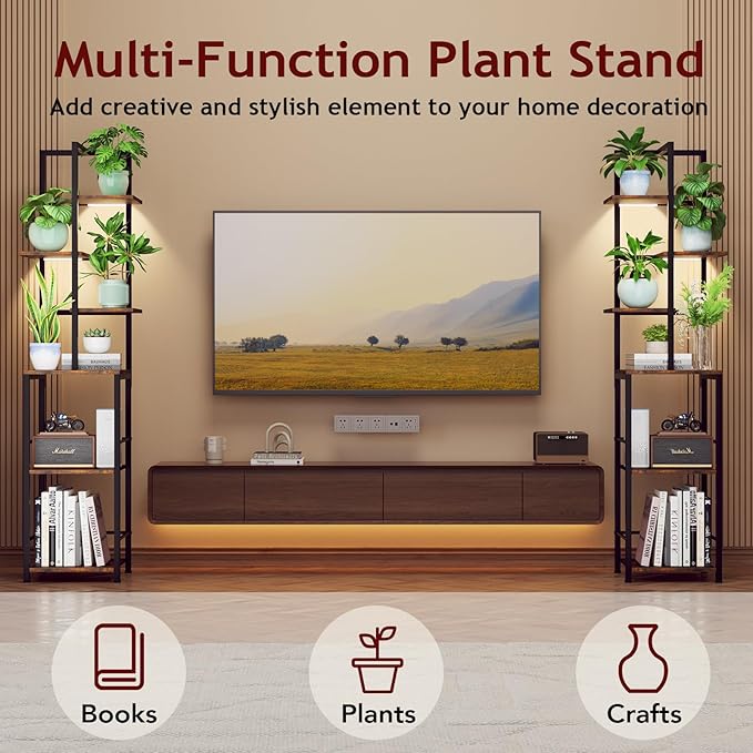 Plant Stand Indoor with Grow Light, 6-Tiered Tall Plant Stand Indoor, Metal Plant Shelf with Bookshelf Bookcase and Adjustable Light, Ideal for Living Room, Reading room, Garden, Patio (Brown)