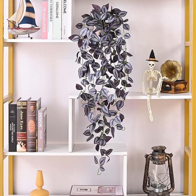 BLEUM CADE Fake Hanging Plants, 2pcs Artificial Hanging Plant, Faux Deep Purple Vines Hanging Plant for Wall Home Living Room Indoor Outdoor Halloween Decor (No Baskets)