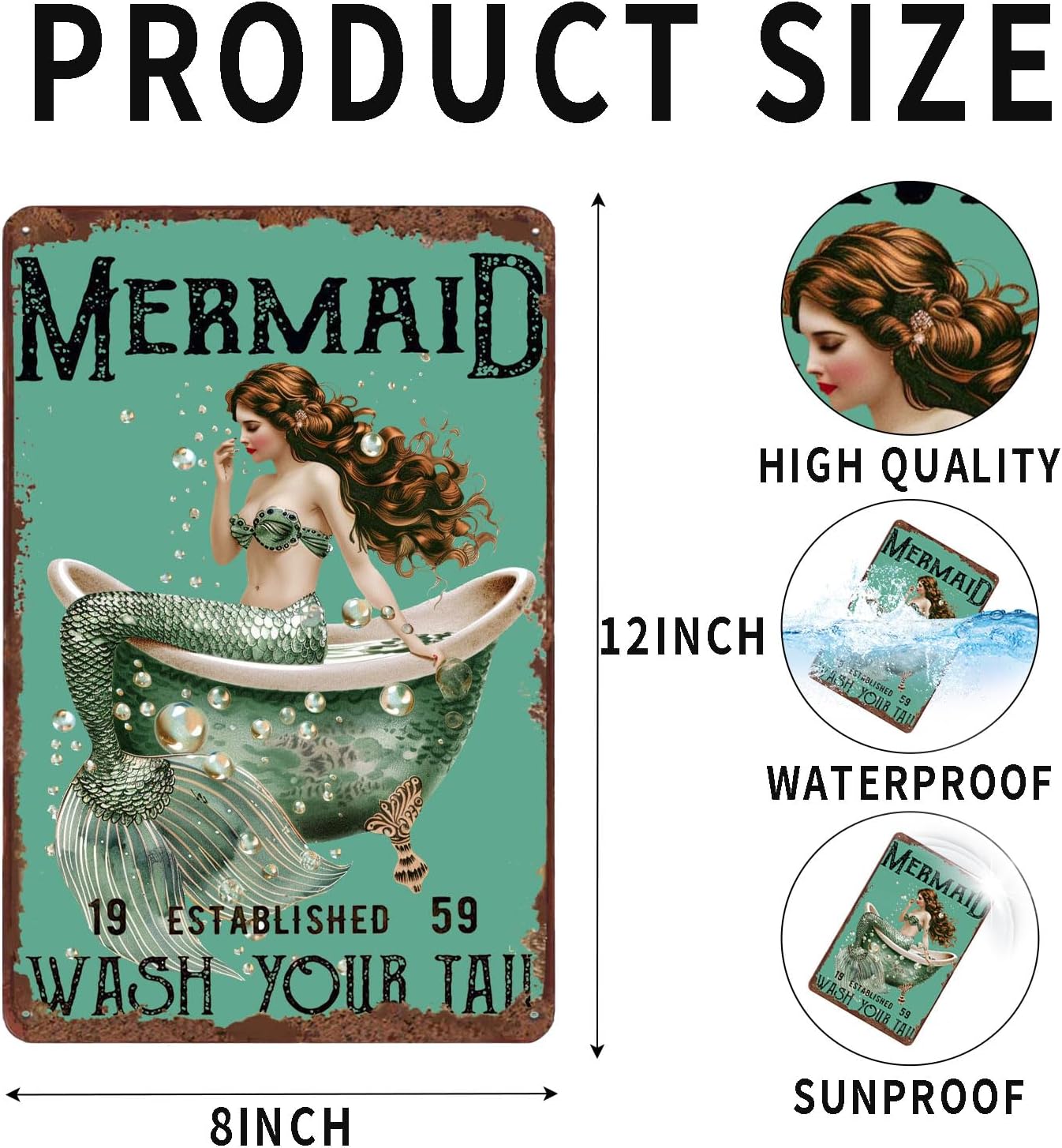 Metal Signs Mermaid Wash Your Tail Retro Tin Sign for Home Office Kitchen Bar Cafe Garden Wall Decor 12x8 Inch