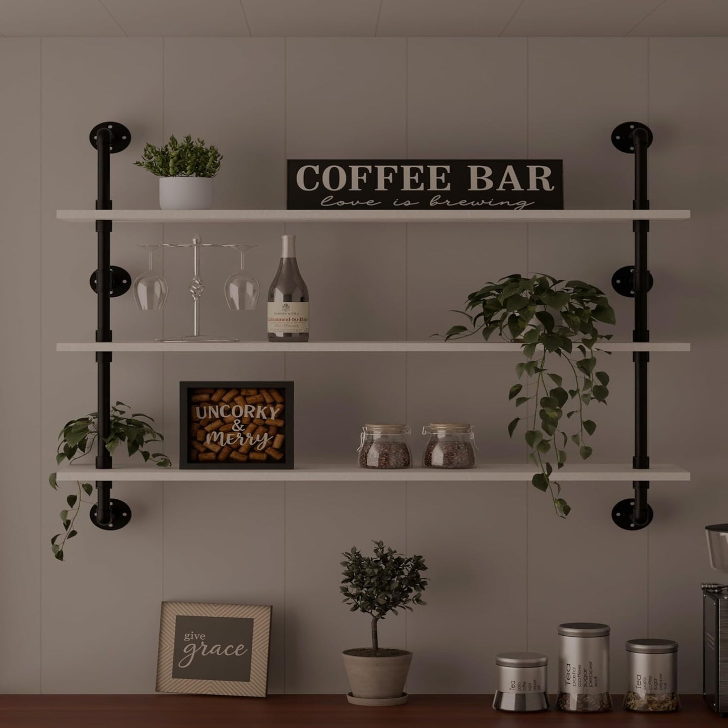 Industrial Pipe Shelving Rustic White Pipe Wall Shelves Industrial Shelves with Wood Planks Floating Shelves 48 Inch Farmhouse Bathroom,Kitchen Shelving Wall Mounted