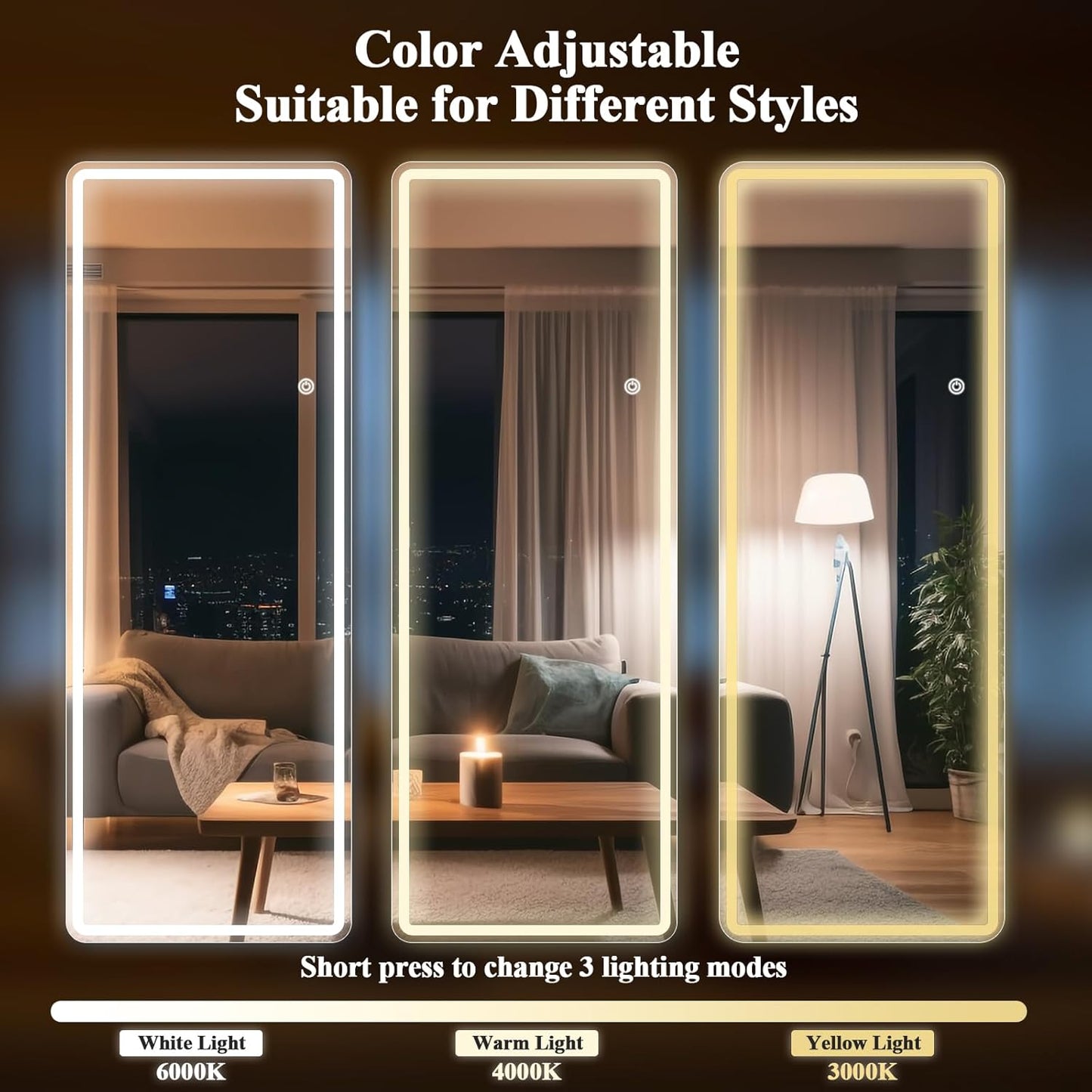 LED Full Length Mirror - 65" x 24" Mirror Full Length with Rounded Corner, Floor Standing for Bedroom/Dressing Room, 3 Color Lighting, White