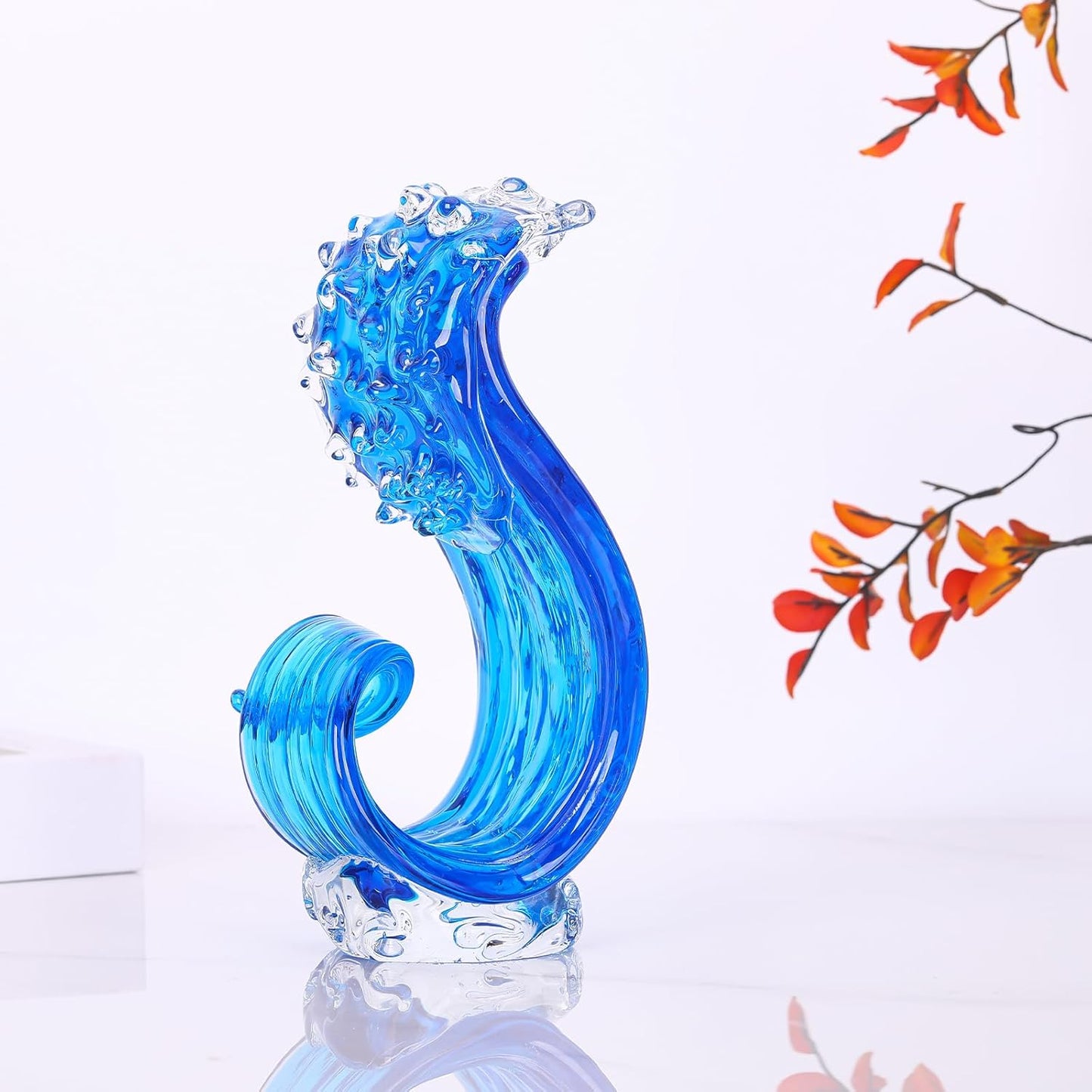 LCCCK Blue Glass Beach House Decor, Hand Blown Ocean Wave Decorate, Tall Blue Glass Sculpture Home Decor, Ocean Wave Fused Art Figurines, for Sea Art Beach Coastal Nautical Office Surfers Gifts