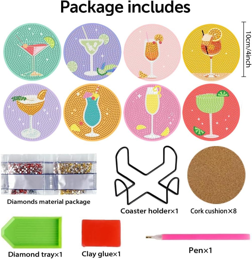 Cocktail Diamond Painting Coasters Kits for Adults, 8PCS Diamond Art Coaster Kits with Holder, Small Diamond Painting Kits for Adults Art Craft Supplies