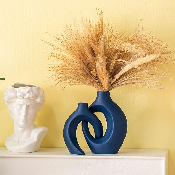 Snuggle Hollow Ceramic Vase Set of 2, Nordic Modern Boho ins Style Ceramic Aesthetic Flower Vases for Home Decor Living Room Coffee Table Decorative (Matte Navy Blue W 6.3" X H 8.4")