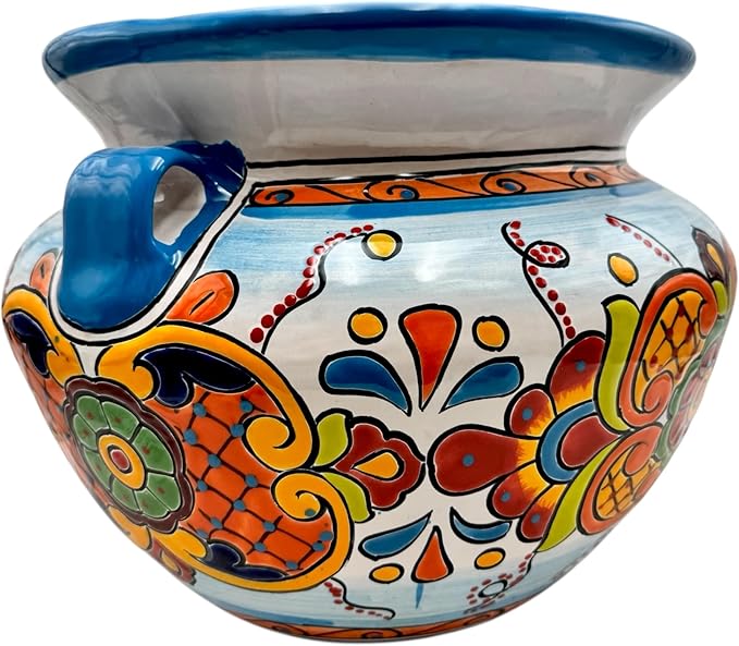 Talavera Michoacana Planter XL Pot Folk Art Multicolor Mexican Pottery Home Decor Hand Painted Garden Indoor Handmade Outdoor 18.5" (Multi 12)