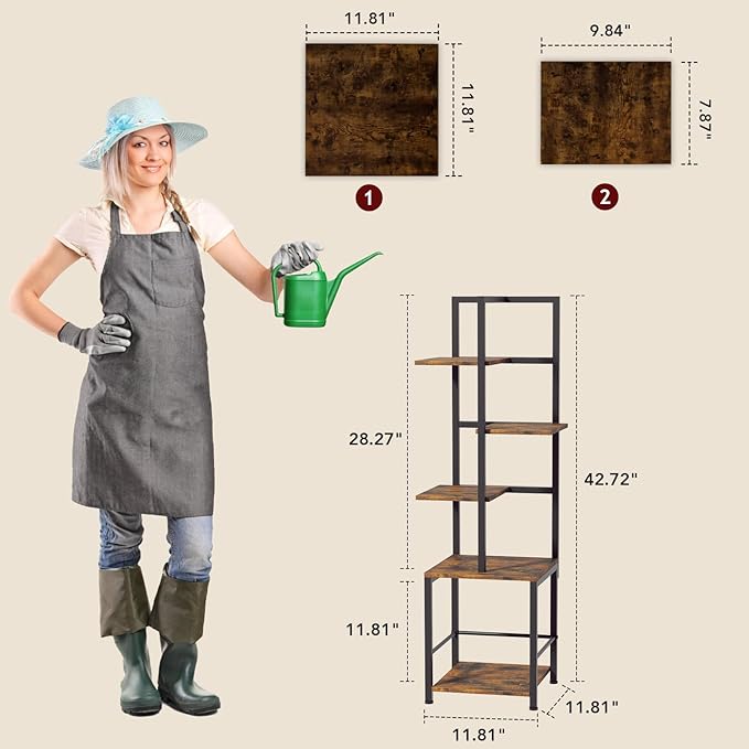 Plant Stand Indoor with Grow Light, 5-Tiered Tall Plant Stand Indoor, Metal Plant Shelf with Bookshelf Bookcase and Adjustable Light, Ideal for Living Room, Reading room, Garden, Patio (Brown)