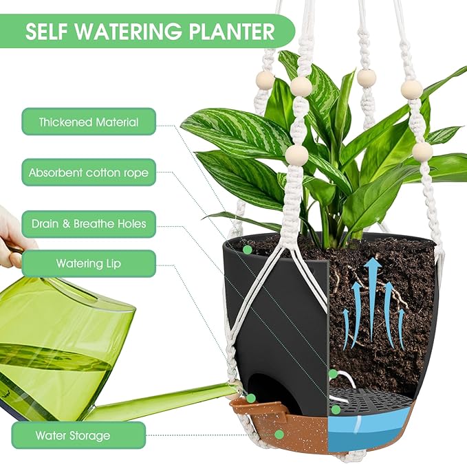 Hanging Planters for Indoor Outdoor Plants, 2 Pack Self Watering Hanging Pots, Hanging Plant Baskets with Drainage Holes & 2 Types of Plant Hangers (Black, 6'')