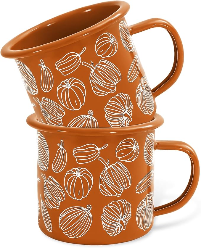 Whaline 2Pcs Fall Mini Coffee Mugs 12oz Hello Pumpkin Enamel Cup with Handle Orange Autumn Pumpkin Drinking Mug for Birthday Party Favor Supplies