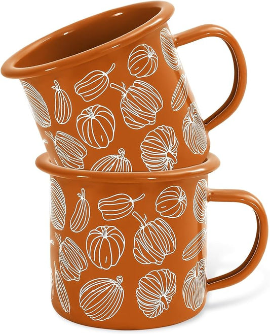 Whaline 2Pcs Fall Mini Coffee Mugs 12oz Hello Pumpkin Enamel Cup with Handle Orange Autumn Pumpkin Drinking Mug for Birthday Party Favor Supplies