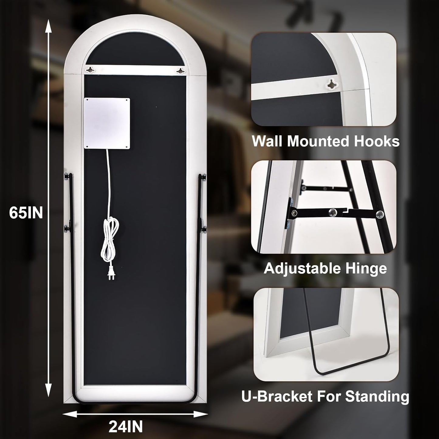 LED White Arched Full Length Mirror - 24“ x 65” Adjustable Brightness, Touch Screen Controls, Wall Mounted or Freestanding for Bedroom, Living Room, Cloakroom Dressing Mirror