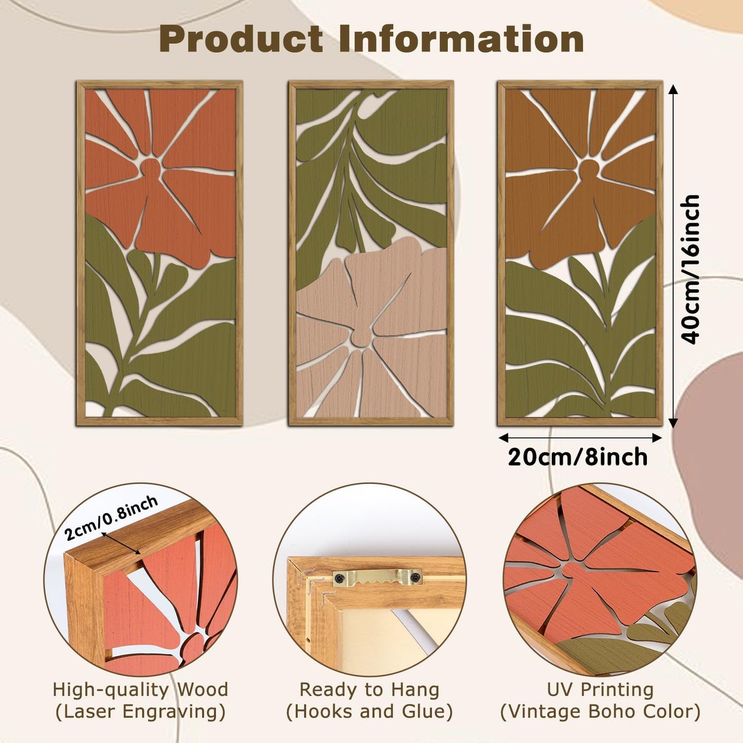 KAIRNE Boho Wooden Wall Art,Bohemian Wood Wall Decor Set of 3(16”X8”),Abstract Minimalist Hanging Decor,Vintage Farmhouse Bohemian Artwork for Living Room Bedroom Kitchen Office Decoration,Framed