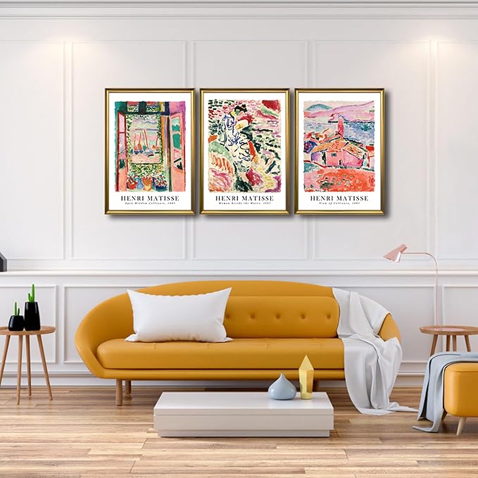 Wieco Art Large Framed Canvas Wall Art 3 Piece Henri Mattise Art Abstract Colorful Matisse Posters Canvas Prints for Wall and Home Office Decorations Bronze Gold Frame