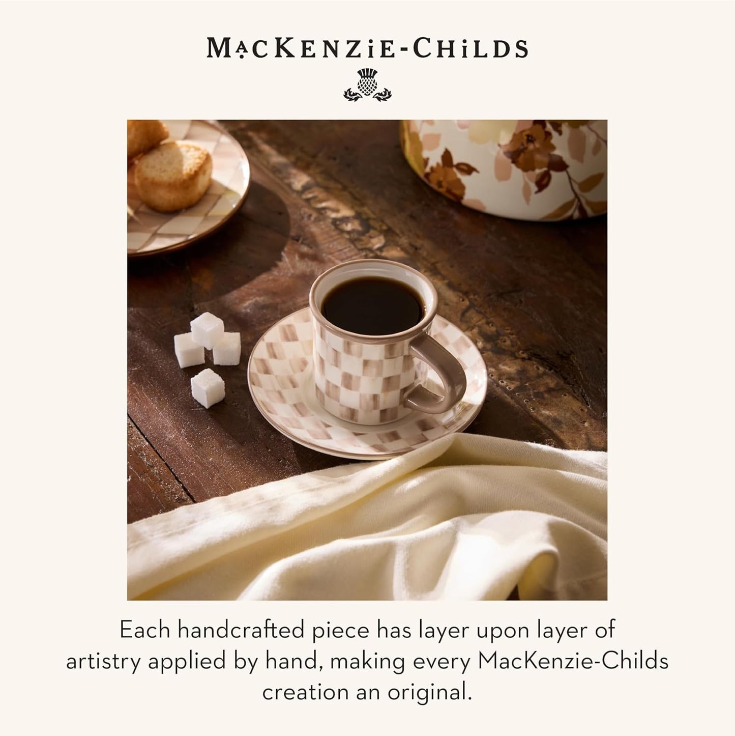 MACKENZIE-CHILDS Set of 2 Stoneware Espresso Cup and Saucer, Cute Coffee Cups, Brown-and-White Mocha Check