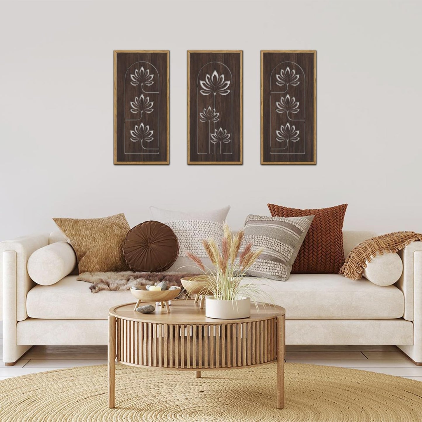 KAIRNE Lotus Wooden Wall Art,Vintage Farmhouse Room Decor,Set of 3(16” X 8”),Framed Mandala Lotus Flowers Wall Decor,Brown Retro Wood Hanging Board for Living Room yoga room Office Decoration