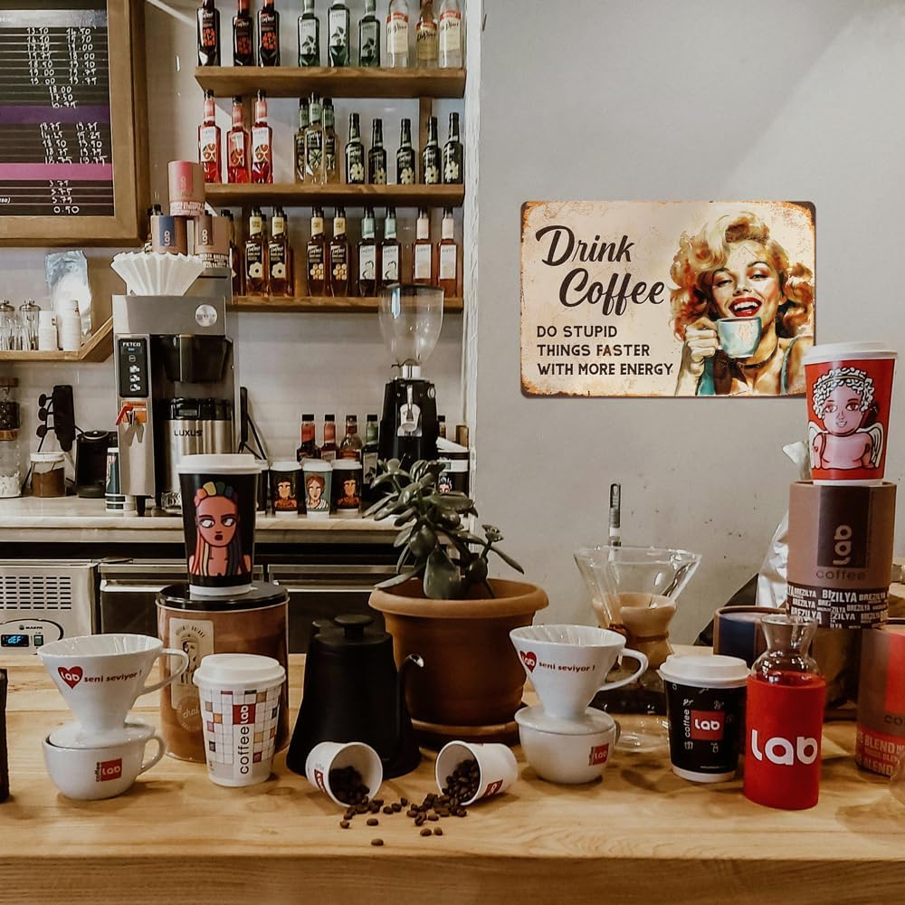 Funny Vintage Home Office Coffee Bar Decor - Drink Coffee Do Stupid Things Metal Tin Sign 12"x8"