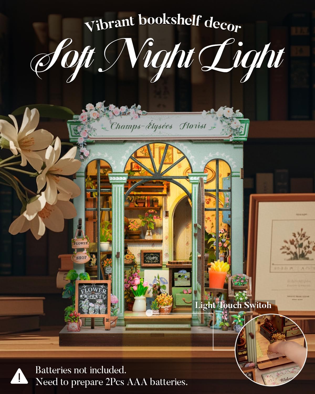 Cutefun Book Nook Kit - DIY Miniature Dollhouse Kit for Adults and Teens, French Flower Shop Mini House Building Kit with LED, 3D Wooden Puzzle for Beginner Creative Gifts (Champs-Élysées Florist)