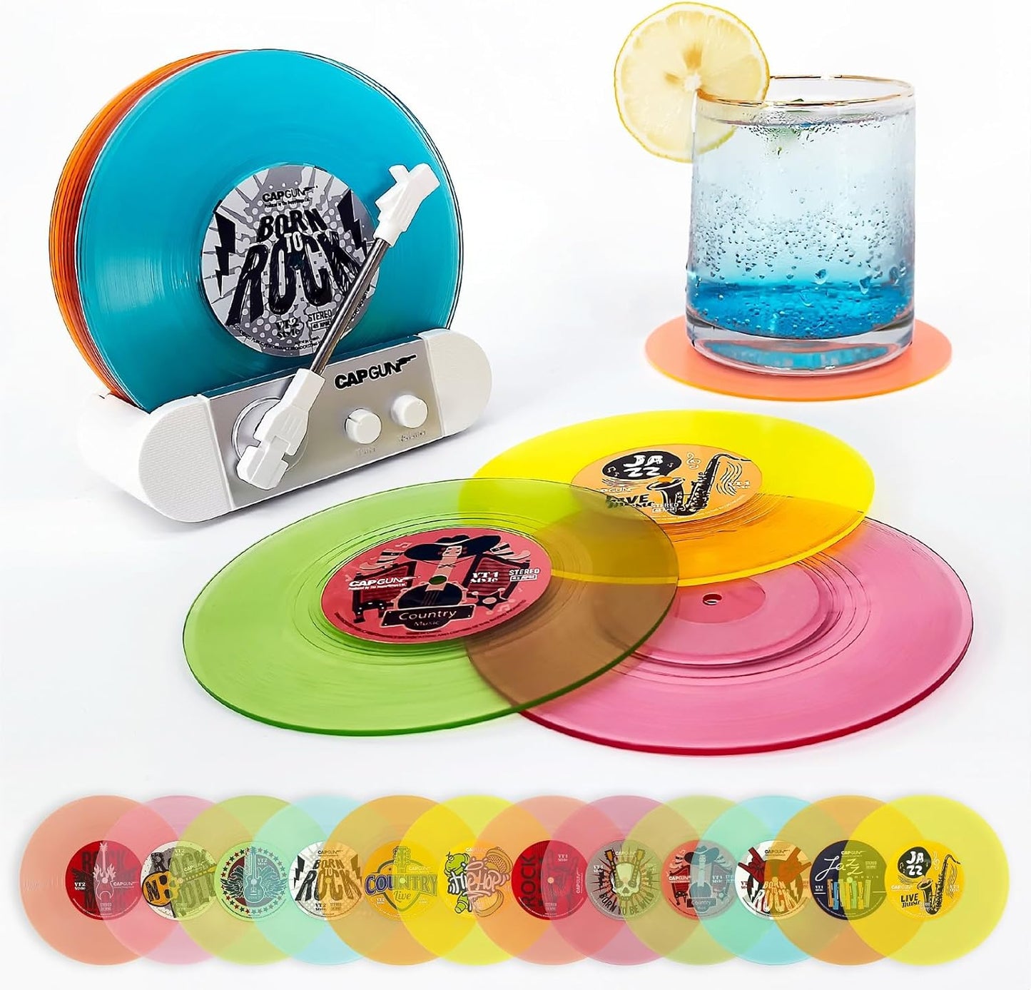 Funny Retro Vinyl Record Coasters, Creative Drink Coasters Set of 6 with Vinyl Record Player Holder for Music Lovers, Housewarming Hostess Gifts (12, V1&V4)