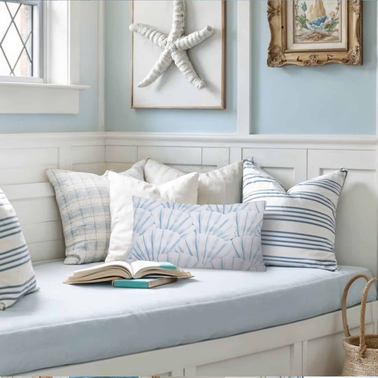 Coastal Beach Room Decor 12x20 Pillow Cover, Blue Seashell Ocean Coastal Beachy Decorative Lumbar Pillow Covers for Bedroom Living Room Home Sofa Couch
