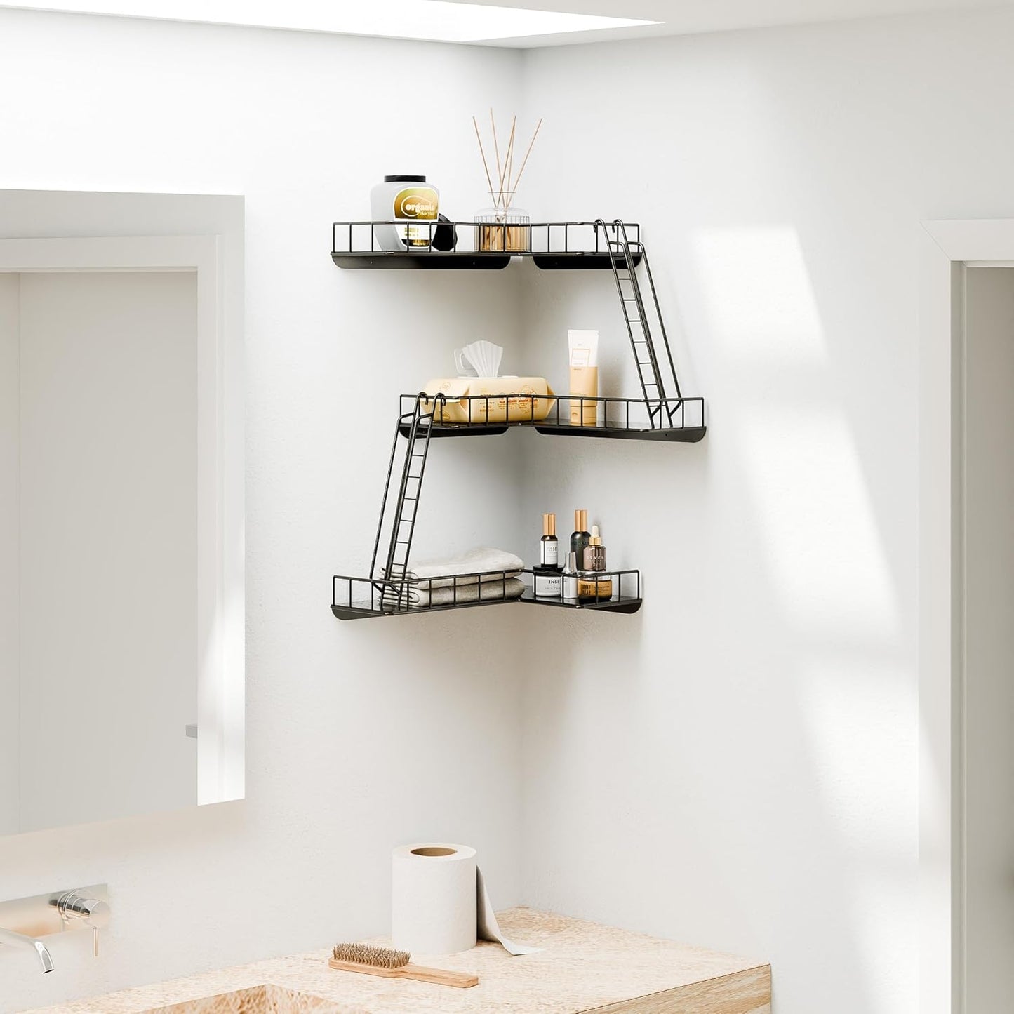 Fire Escape Wall Shelf - Modern City Style 3-Tier Corner Wall Shelves, Easy to Install Metal Ladder Shelf for Figures, New York Decorative Shelves for Bathroom, Living Room & Home Decor,Black