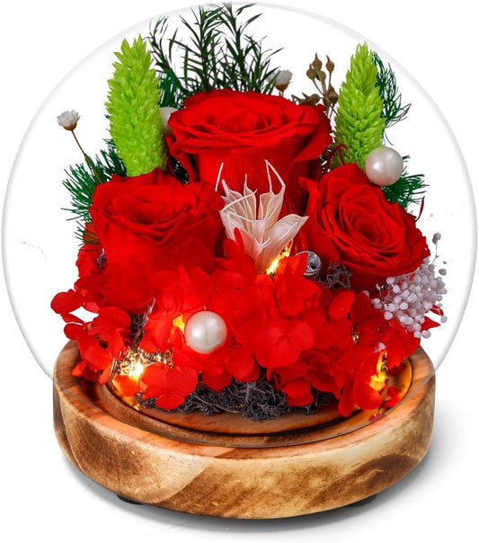 LED Preserved Real Rose Glass Dome Display, Red Roses with Pearl Accents, Wooden Base, Gift for Women Mothers Women Mom Grandma Girlfriend Wife