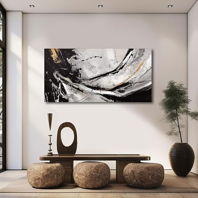 XIANSHOU Black and White Wall Art for Living Room/ 24x48 Inches Abstract Painting/Modern Artwork for Bedroom Home Office Wall Decorations